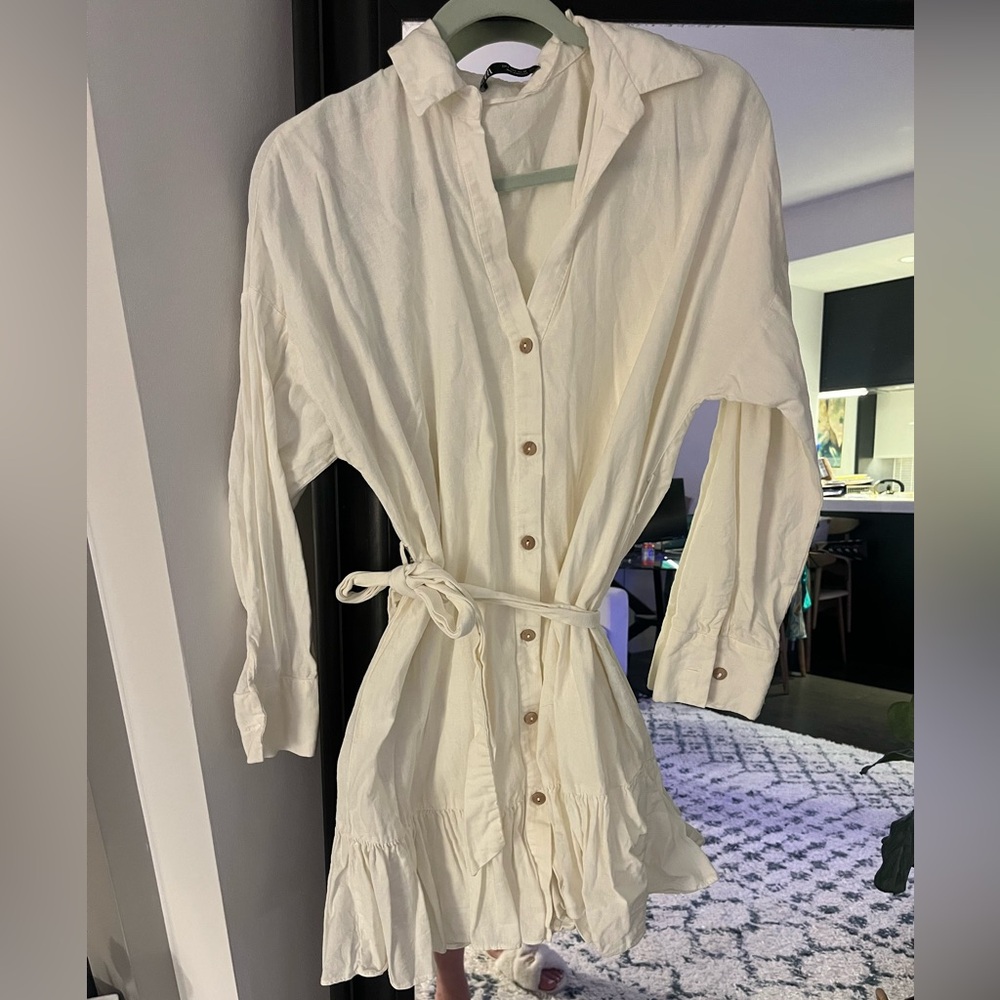 White/Cream Linen Tie Shirt Dress